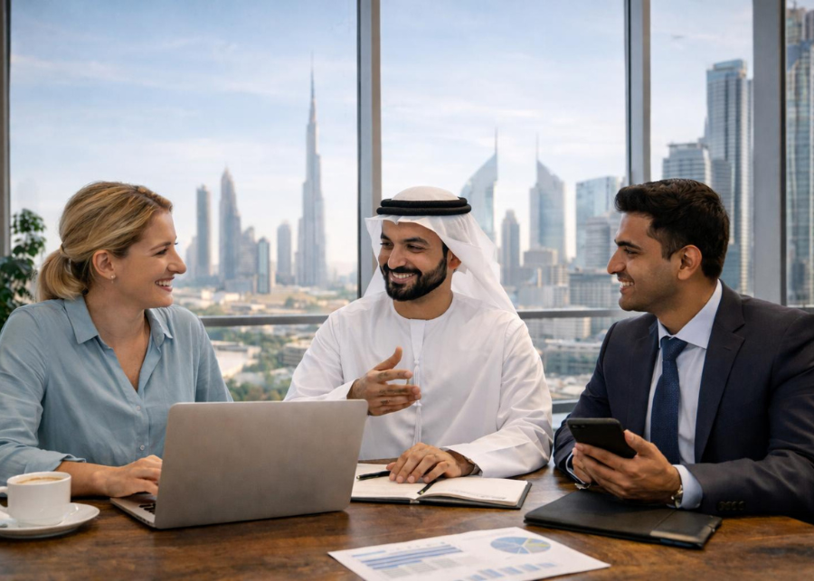 Entrepreneur reviewing UAE business licensing documents with consultant